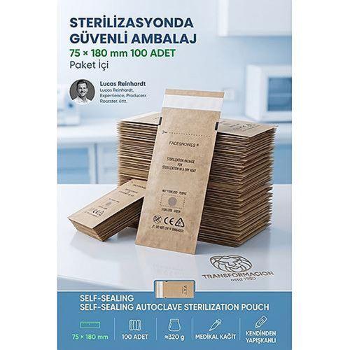Kuru Hava Sterilizasyon Poşeti Kraft Kağıt 75X180 MM 100 Adet EN 868 ISO 13485 CE Belgeli Otoklav Kesesi 723723