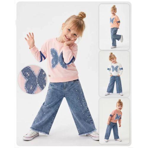 3/6 Yaş Taşlı Kelebek Nakışlı Sweatli Kot Pantolonlu Çocuk Takımı