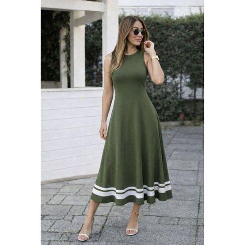 Kadın Askılı Yuvarlak Yakalı Etek Ucu şerit Detaylı Uzun Viskon Elbise