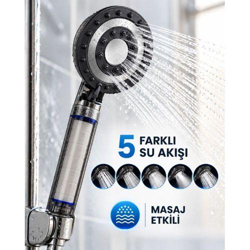 Siyah Filtreli Duş Başlığı 5 Farklı Su Akışı Masaj Etkili Klor Ve Kireç Filtreleme