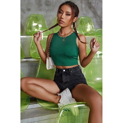 Kadın Yeşil Modern Fit Kare Yaka Crop Top Bluz