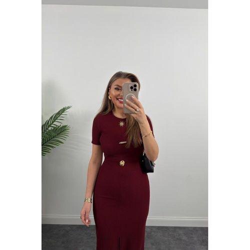 Kadın Ottoman Kumaş Likralı Düğme Tasarımlı Kısa Kol Kalem Elbise