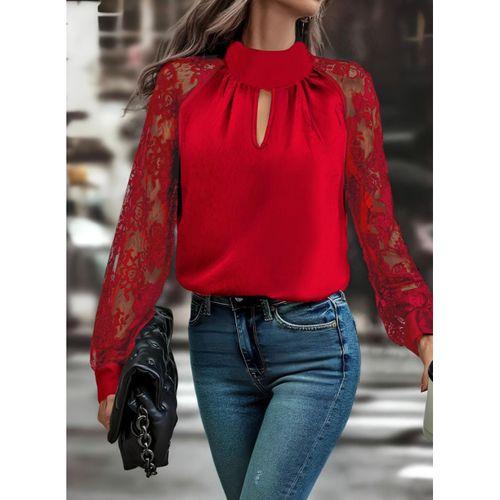 Kadın Uzun Kollu Göğüs Pencere Detay Yaka Boğazlı Kolları Tüllü Sandy Bluz