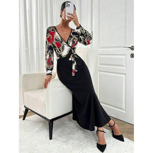 Kadın Uzun Kollu Kruvaze Yaka Dalgıç Krep Midi Boy Elbise