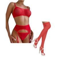 Fantezi Kırmızı Transparan Tül Jartiyer Takımı