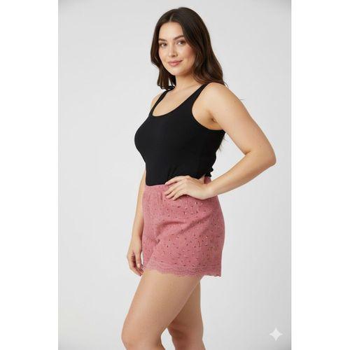 Düz Renk Mini Çiçek Desenli Penye Kadın Ev Şortu Bacak Dantel Detaylı Ev Giyim Pembe