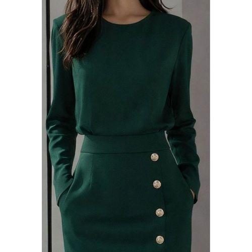 Kadın Uzun Kollu Bisiklet Yakalı Yandan Yırtmaçlı Düğmeli Midi Ithal Krep Elbise