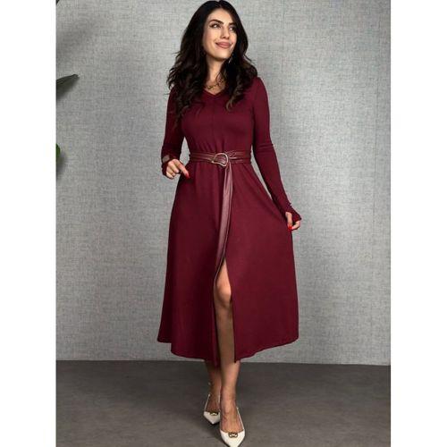 Kadın Uzun Kollu Yakalı Belden Deri Detaylı Kuşaklı Yırtmaçlı Midi Viskon Iki Iplik Elbise