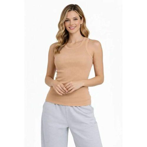 Fitilli Atlet Sıfır Yaka Slim Fit Arka Baskılı Spor Atlet - Bej