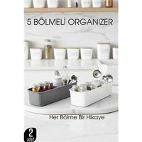 5 Bölmeli Mutfak Organizer Kutusu Gri & Beyaz 2’li Set  Baharat ve Gereç Düzenleyici
