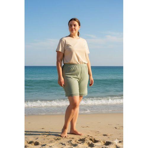 Bambu Fitilli Kadın Ev Şortu Bacak Dantel Detaylı Ev Giyim Yeşil