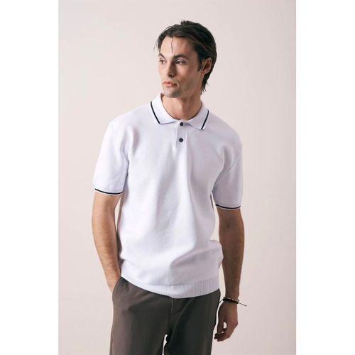 Austen Kontrast Biyeli Düğmeli Polo Yaka Kısa Kollu İnce Triko Erkek T-Shirt - Ekru