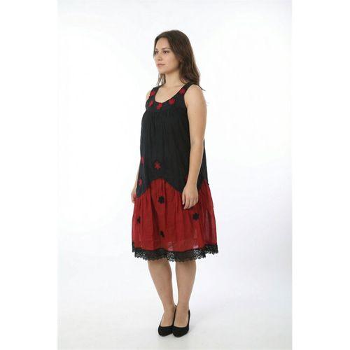 Kolsuz Papatya Yuvarlak Yaka Dantel Detaylı Yazlık Vual Kısa Elbise Siyah/Bordo Syh/Brd