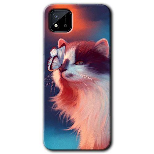 MRCİLETİSİM Realme C11 Kılıf Baskılı Kapak - Cat Butterfly + 5D Tam Kaplayan Cam
