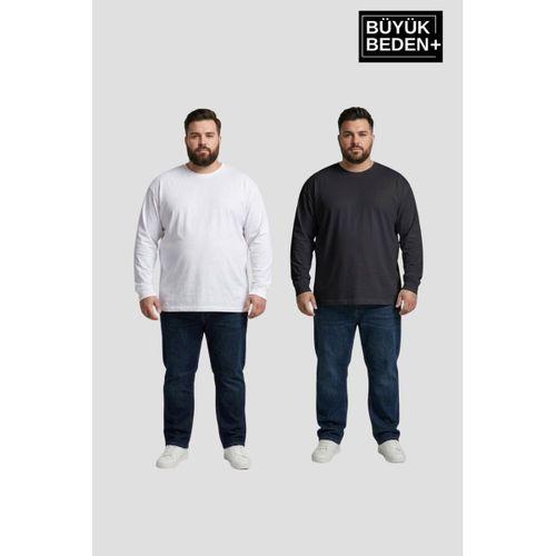 Erkek Büyük Beden 2 li Set Uzun Kollu 2 İplik Bisiklet Yaka Tişört SPR26BEA942+2