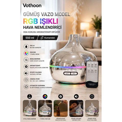 Gümüş Vazo Model Rgb Işıklı Hava Nemlendirici & Aromaterapi Difüzör – 550 Ml Kumandalı