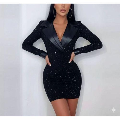 Kadın Deri Detaylı Manşet Yaka Simli Fukara Kumaş Mini Elbise