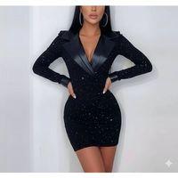 Kadın Deri Detaylı Manşet Yaka Simli Fukara Kumaş Mini Elbise