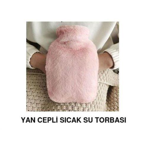 Sıcak Su Torbası Yan Cepli Pembe  Peluş Termofor 27X17X2Cm  1 Litre