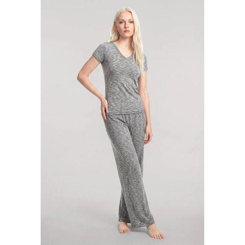 Kadın Gri V Yaka Yumuşak Dokulu Pijama Takımı Rahat Günlük Ev Giyim Seti