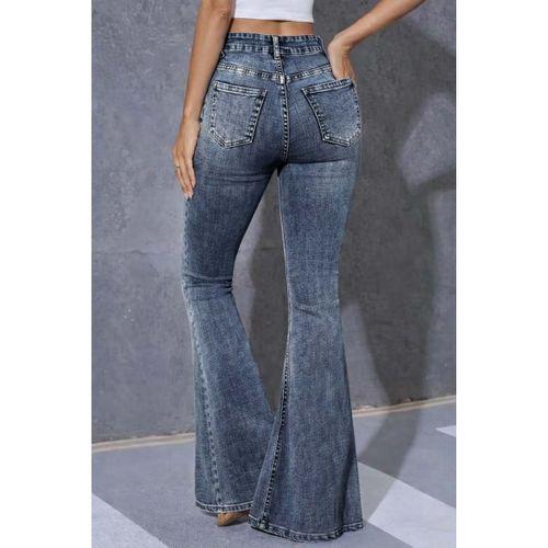 Kadın Yüksek Bel Fermuarlı İspanyol Paçalı Kot Pantolon