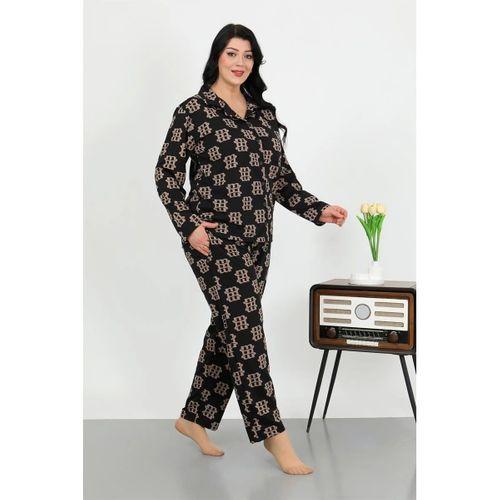 Kadın Büyük Beden Pamuklu Cepli Düğmeli Siyah Pijama Takım