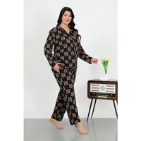 Kadın Büyük Beden Pamuklu Cepli Düğmeli Siyah Pijama Takım