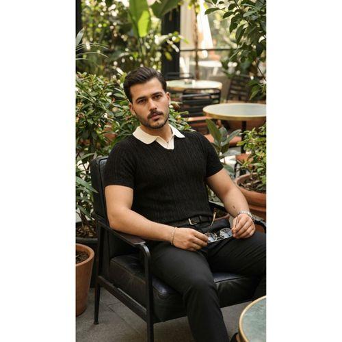 Erkek Desenli Kısa Kollu Triko Tişört - %100 Pamuk Akrilik