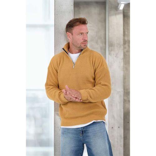Oversize Selanik Örgü Yarım Fermuar Erkek Triko Kazak - Hardal