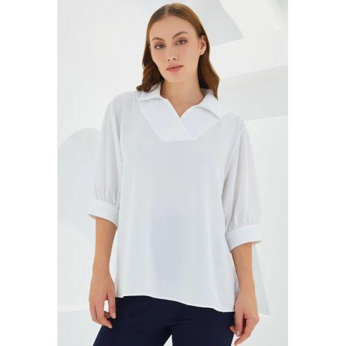 Beyaz Gömlek Yaka Saten Bluz 0493