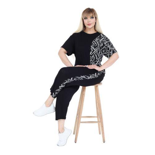 Melsay Butik Siyah Kısa Kol Yarım Zigzag Garnili Viskon Kapri Takım