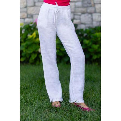 Beli Lastikli Multi Çift Cepli Müslin Kadın/Erkek Unisex Yazlık Pantolon Beyaz Byz