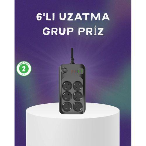 6 Prizli Çoklu Uzatma Kablosu Usb Type-c Hızlı Şarj Termal Koruma
