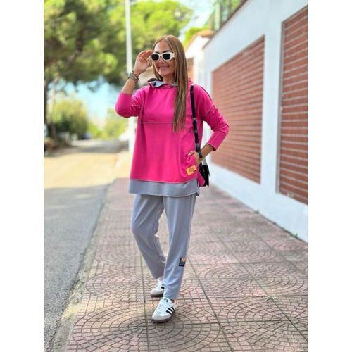 Kadın Pembe Kapşonlu Etek Ucu Detay Arma Ters Dikiş Gorunumlu Ikili Takım
