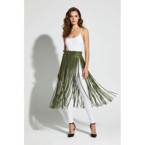 Haki Etek Uzun Püskül Detaylı Etek Suni Deri Etek Yüksek Bel Etek - Brf1090