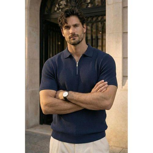 Jeff Selanik Örgü Polo Yaka Yarım Fermuarlı İnce Triko Erkek T-Shirt - Lacivert