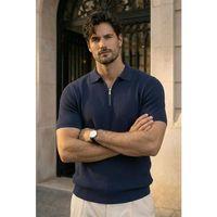 Jeff Selanik Örgü Polo Yaka Yarım Fermuarlı İnce Triko Erkek T-Shirt - Lacivert