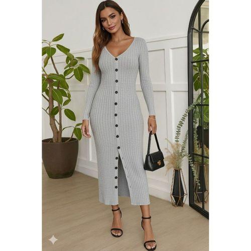 Kadın Uzun Kollu V Yakalı önden Düğmeli şardonlu Kaşkorse Elbise