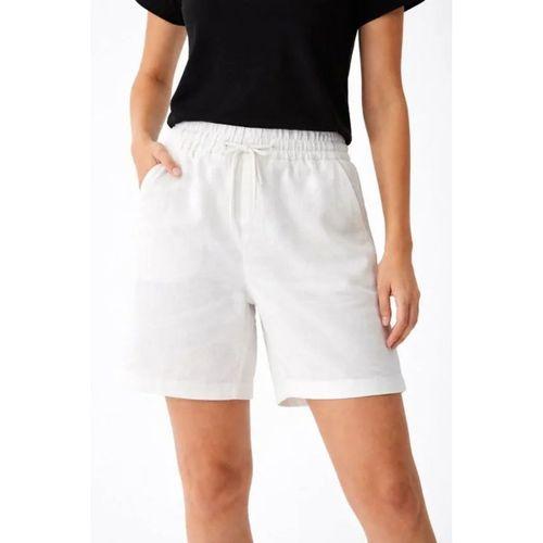 Keten Kumaş Cepli Rahat Kesim Bel Lastikli Şort - Beyaz