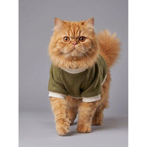 Natura Kedi Polar Sweatshirt | Kapüşonsuz Yumuşak Polar Kedi Kıyafeti | Nefti Yeşil