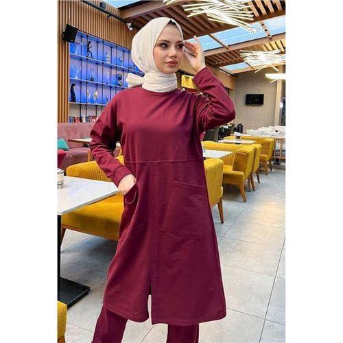 Önden İki Cepli Sade Basic Uzun Tunik Pantolon İkili Spor Takımı - 03067.009 - Bordo