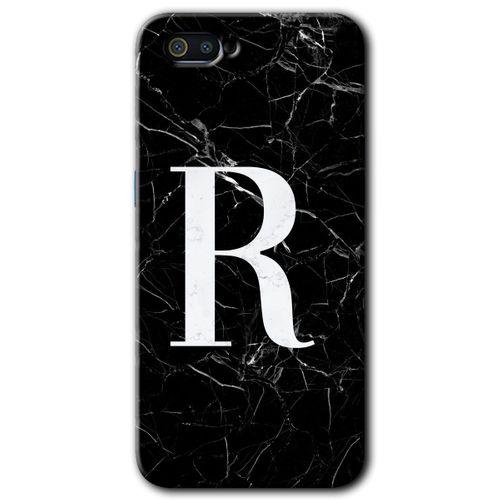 Realme C2 Kılıf HD Desen Baskılı Arka Kapak - Siyah Mermer Desenli R Harfi