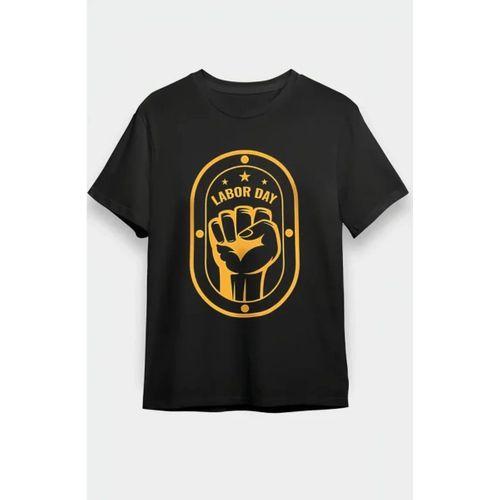 1 Mayıs Labor Day Emekçi Temalı Baskılı Oversize Bisiklet Yaka T-shirt - Siyah