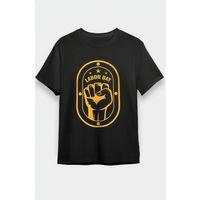 1 Mayıs Labor Day Emekçi Temalı Baskılı Oversize Bisiklet Yaka T-shirt - Siyah