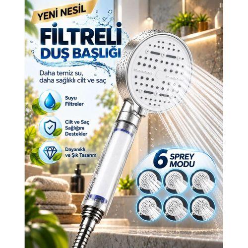 6 Sprey Modlu Filtreli Duş Başlığı Büyük Su Paneli Silikon Nozullu Beyaz Modern Tasarım