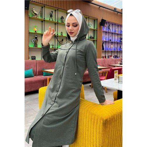 Kapşonlu Düğmeli Sade Basic Uzun Tunik ve Pantolon İkili Spor Takım - 03072.005 - Haki