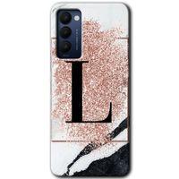 Tecno Camon 18P Kılıf HD Desen Baskılı Arka Kapak - Pembe Mermer Desenli L Harfi + Kırılmaz Cam