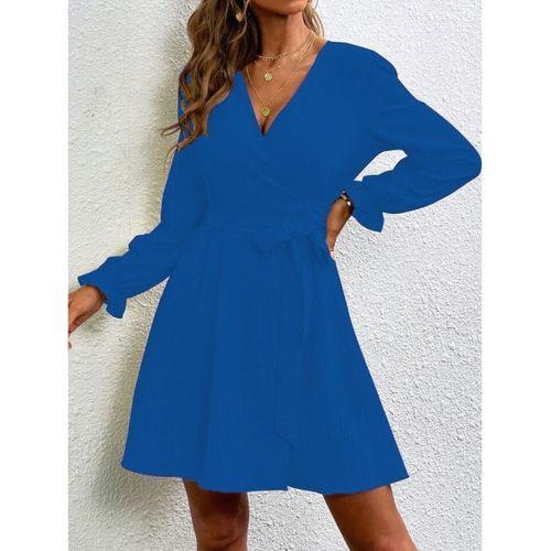 Lucky Life Uzun Kollu Kruvaze Yaka Bel Kemer Detay Bürümcük Mini Boy Elbise