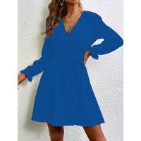 Lucky Life Uzun Kollu Kruvaze Yaka Bel Kemer Detay Bürümcük Mini Boy Elbise