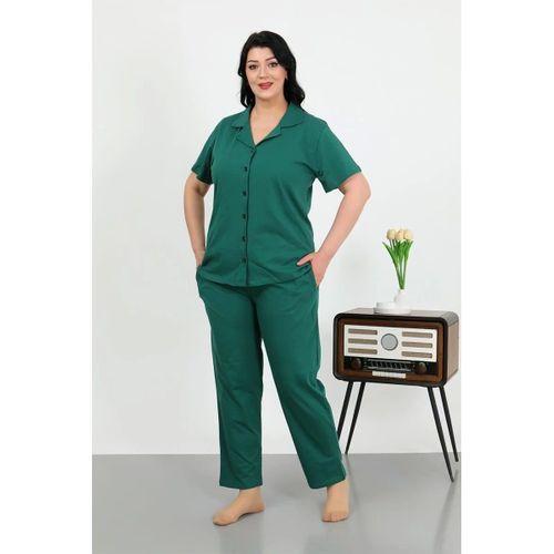 Kadın Büyük Beden Pamuklu Cepli Düğmeli Zümrütyeşili Pijama Takım